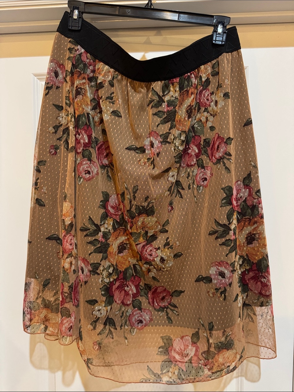 LuLaRoe Lola Floral Mesh A-Line Skirt in Tan with Black Waistband
